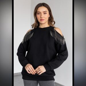 NY Collection Black Cold Shoulder Sweatshirt with Chain Accents